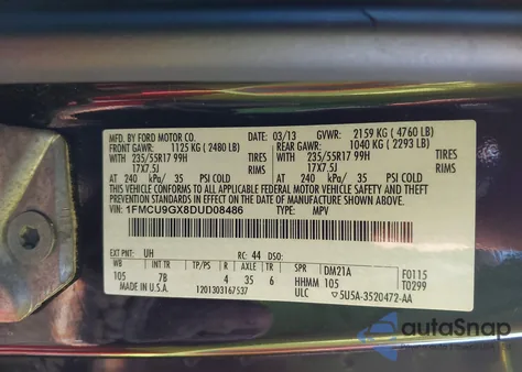 2013 Ford Escape Se z USA, uszkodzony, nr VIN 1FMCU9GX8DUD08486